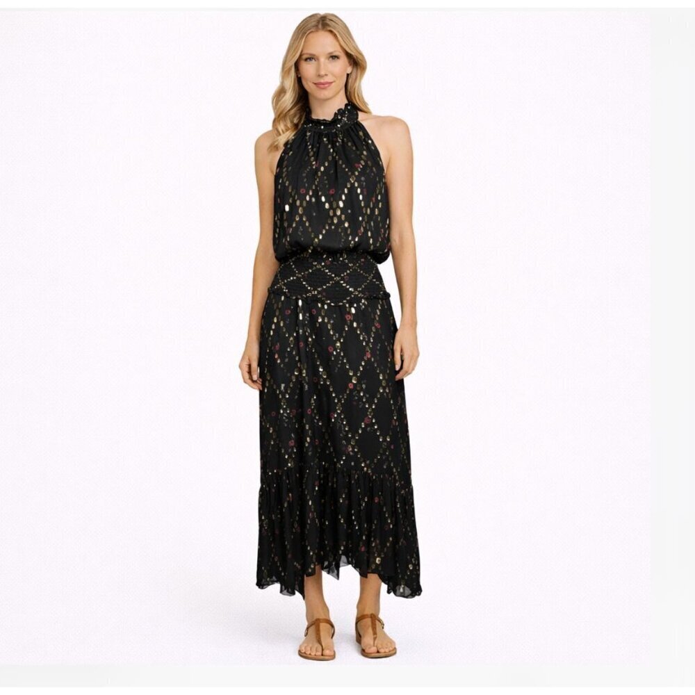 A.L.C. Easton Sleeveless Silk Metallic Chiffon Halter Dress Women’s Size 6 black